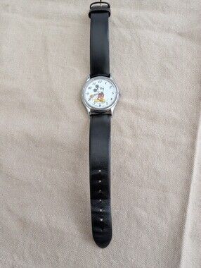 Vintage Mickey Mouse Analog Watch with Black Leather Strap